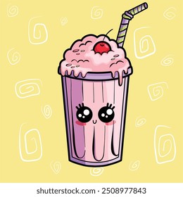 Ilustração com milkshake bonito, cereja no fundo e palha. Elemento para impressão, cartão postal e cartaz. Ilustração de vetor. 