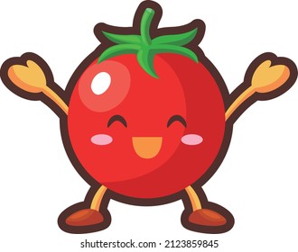 Illustration of a cute mini tomato character who is happy to raise both hands