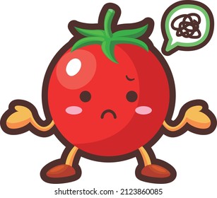 Ilustración de un lindo personaje de tomate pequeño con una cara insatisfecha