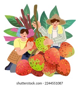 Illustration of cute miniature boys standing behind a bundle of giant lychee. Tropical fruits and character themed illustration.