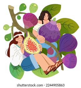 Illustration of cute miniature girls sitting on leaf and holding fig and cut fig. Tropical fruits and character themed illustration.