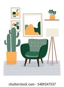 Illustration of cute minimalistic interior with mid century modern furniture and plants. Trendy scandinavian hygge interior. Flat vector illustration