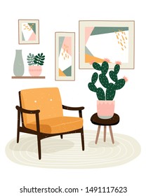 Illustration of cute minimalistic interior with mid century modern furniture and plants. Trendy scandinavian hygge interior. Flat vector illustration