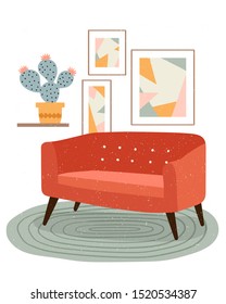 Illustration of cute minimalistic interior with mid century modern furniture and plants. Trendy scandinavian hygge interior. Flat vector illustration