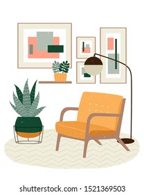 Illustration of cute minimalistic interior with mid century modern furniture and plants. Trendy scandinavian hygge interior. Flat vector illustration