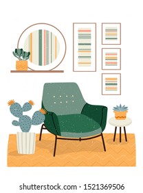 Illustration of cute minimalistic interior with mid century modern furniture and plants. Trendy scandinavian hygge interior. Flat vector illustration