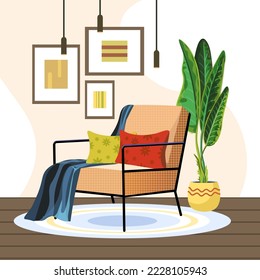 Illustration of cute minimalistic interior with  modern armchair, flower in pot and paintings. Vector illustration.