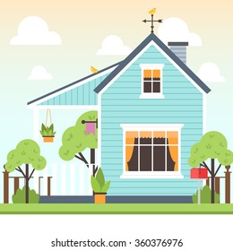 illustration of cute mint house with trees and bird on gradient background with clouds. vector flat buildings illustration. cute spring pastel house
