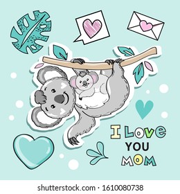 Illustration with cute mom and baby koala on a blue background mother's day collection