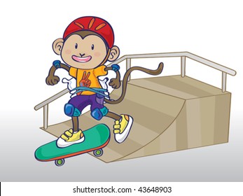 Illustration of cute monkey boy skating on a ramp wearing lots of safety gear: knee pads, elbow pads, a helmet and a pillow tied to his behind for extra protection (the pillow can be easily removed).