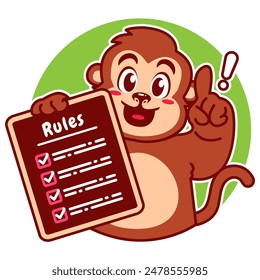 Ilustración del personaje de dibujos animados mono lindo sosteniendo una lista de verificación o lista de reglas