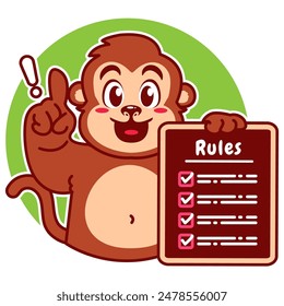 Illustration der niedlichen Affen-Cartoon-Figur mit einer Checkliste oder Liste von Regeln