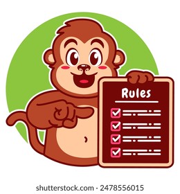 Illustration der niedlichen Affen-Cartoon-Figur mit einer Checkliste oder Liste von Regeln