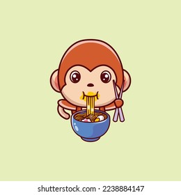 Illustration of cute monkey cartoon mascot eating ramen noodles while standing