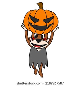 An illustration of a cute monkey character with Halloween pumpkin costume