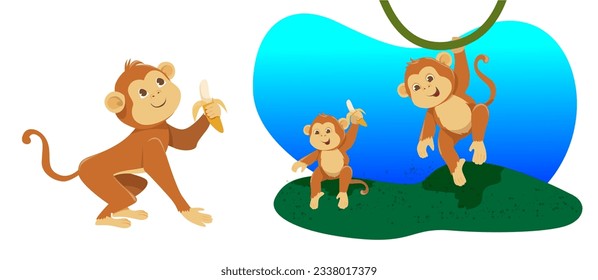 Illustration Of Cute Monkey Holding Banana Suitable for Children's Book. Cute Baby Monkey Vector Illustration.