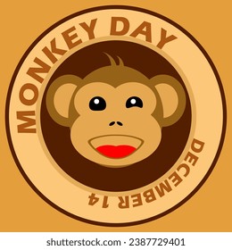 Illustration of a cute monkey laughing, with bold text in circle frame on light brown background to commemorate Monkey Day on December 14