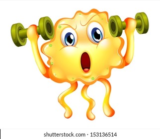 Illustration of a cute monster exercising with dumbbells on a white background