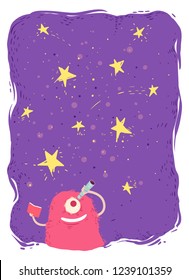 Illustration of a Cute Monster Looking at Stars Through a Telescope