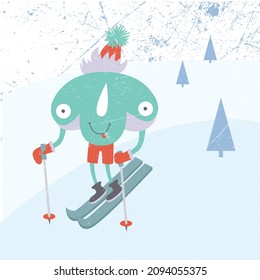 Illustration with a cute monster skiing. Vector illustration