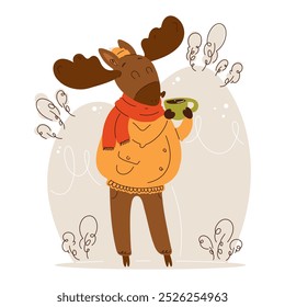 Illustration of a cute moose wearing a scarf and sipping a hot beverage, set in a whimsical, winter-inspired scene.