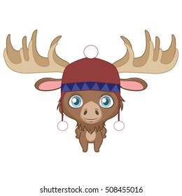 Illustration of a cute moose wearing a winter hat