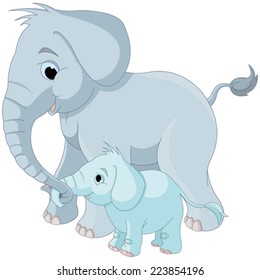 Illustration of cute mother and baby elephant 