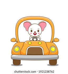 Illustration of cute mouse character driving a car
