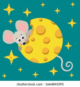 Illustration of cute mouse eating moon shaped of cheese in sky with cheese stars
