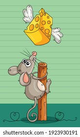 Illustration mit süßer Maus, die einen Käse fliegt