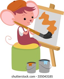 Illustration of a Cute Mouse Painting with a Large Brush