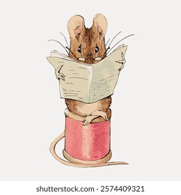 Illustration of a cute mouse reading a newspaper. The mouse sits on a spool, engrossed in reading. Adorable mouse, newspaper, and spool in a charming scene. Vintage art drawing illustration vector.