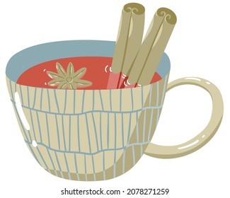 Illustration with cute mug filled mulled wine with anice and cinnamon sticks