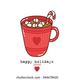 illustration of cute mug of hot cocoa or coffee with cream, candy and marshmallows with happy holidays text message. can be used for greeting cards