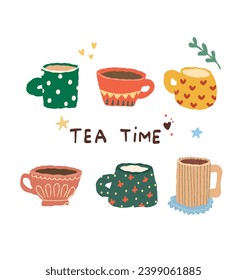 Illustration of cute mugs. Ceramic cups set.