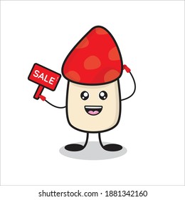 illustration of cute mushroom mascot with sale sign