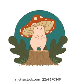 illustration of a cute mushroom on a stump with plants, fly agaric design