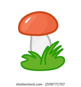 Illustration of a cute mushroom with an orange cap growing amid green grass. The simple design and vibrant colors create a playful and cheerful mood.