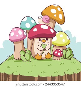 Illustration of a cute mushroom relaxing, 100x100cm resolution, suitable for nightgown and book cover design.