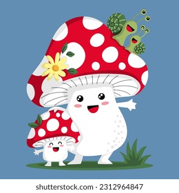 Illustration of a cute mushroom with a smaller one and two snails on its head, design for t-shirt
