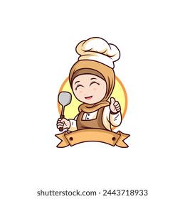 illustration Cute muslim female chef wearing a hijab giving thumbs up and holding spatula