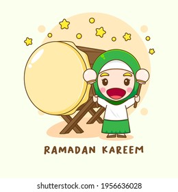 Illustration of cute Muslim girl character with Mosque drum