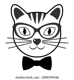 Illustration of a cute muzzle of a cat with glasses and a bow on a white background