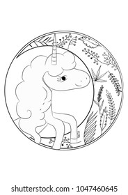 Illustration with cute mystic unicorn animal. Black-and-white Simple line icon, coloring page. Magic, fantasy, party, children's game, studying theme design element, isolated on white