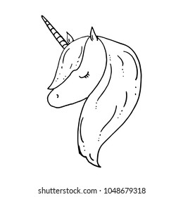 Illustration with cute mystic unicorn animal. Black-and-white Simple line icon, coloring page. Magic, fantasy, party, children's game, studying theme design element, isolated on white