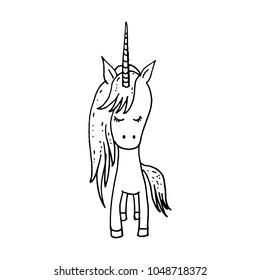 Illustration with cute mystic unicorn animal. Black-and-white Simple line icon, coloring page. Magic, fantasy, party, children's game, studying theme design element, isolated on white