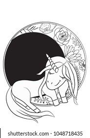 Illustration with cute mystic unicorn animal. Black-and-white Simple line icon, coloring page. Magic, fantasy, party, children's game, studying theme design element, isolated on white