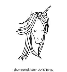 Illustration with cute mystic unicorn animal. Black-and-white Simple line icon, coloring page. Magic, fantasy, party, children's game, studying theme design element, isolated on white