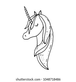 Illustration with cute mystic unicorn animal. Black-and-white Simple line icon, coloring page. Magic, fantasy, party, children's game, studying theme design element, isolated on white