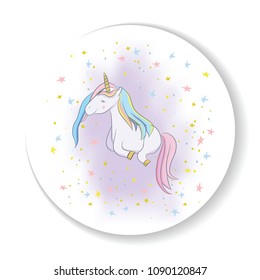 Illustration with a cute mystic unicorn animal. Magic, fantasy, party, children's game, learning the theme design element. Vector illustration